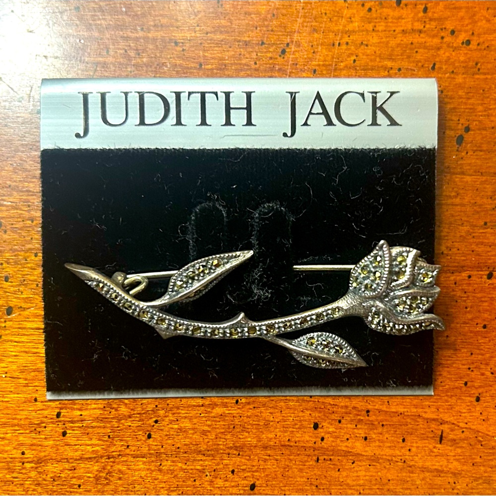 Vintage JUDITH JACK Sterling Marcasite STEMMED ROSE FLOWER Brooch 2-1/4” NEW